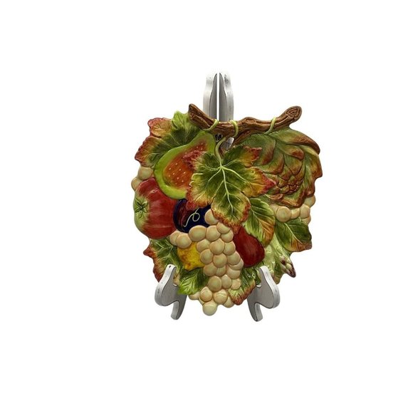 Fitz and Floyd Classic Leaf Shaped Fruit Pattern Plate with Hanging Wire Vintage - Picture 1 of 16